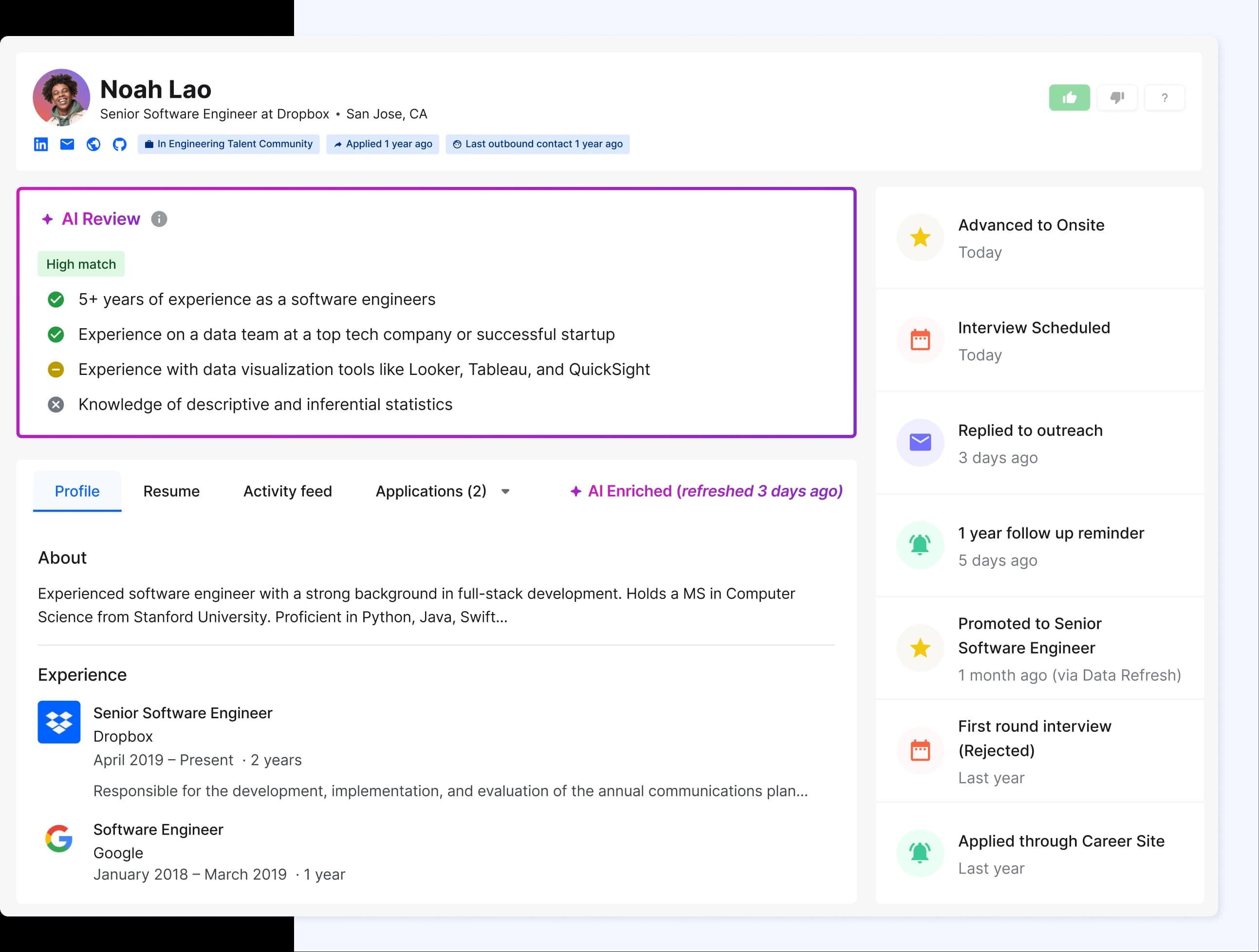 Talent 360 profile image with AI enrichment